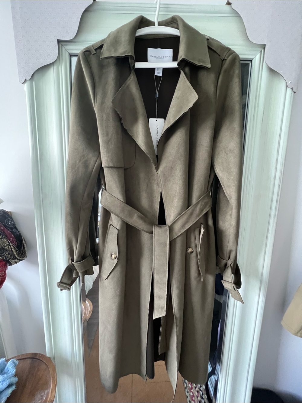 Carolina Belle Olive Green Suede-Feel Trench with Tie Waist
